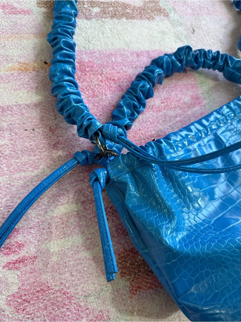 Bright Blue Croc-Texture Ruched Handle Shoulder Bag